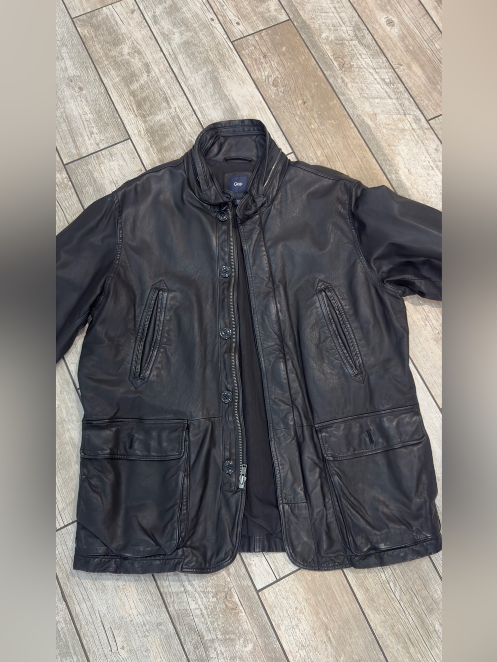 GAP genuine leather jacket with hidden hood. Classic black field jacket.